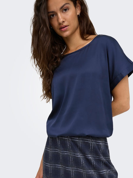JDY Short Sleeve Satin Look Top in Navy