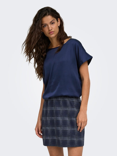 JDY Short Sleeve Satin Look Top in Navy