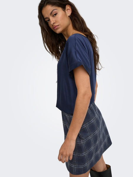 JDY Short Sleeve Satin Look Top in Navy