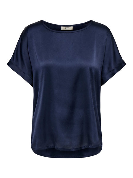 JDY Short Sleeve Satin Look Top in Navy