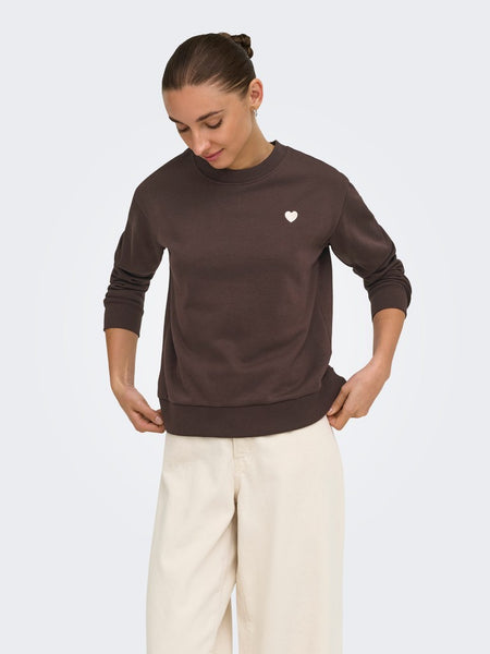 JDY Embroidered Heart Sweatshirt in Brown