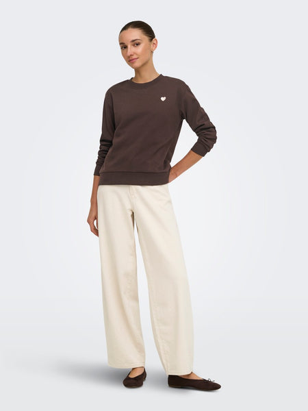 JDY Embroidered Heart Sweatshirt in Brown