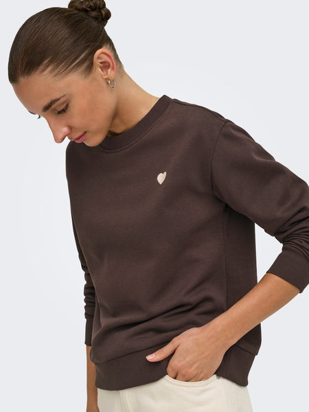 JDY Embroidered Heart Sweatshirt in Brown