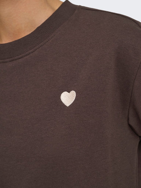 JDY Embroidered Heart Sweatshirt in Brown