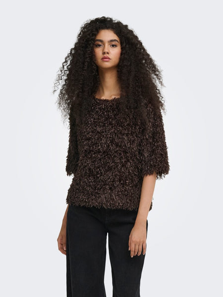 JDY Frayed 2/4 Sleeve Top in Brown