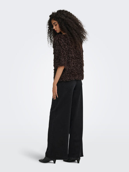 JDY Frayed 2/4 Sleeve Top in Brown