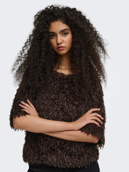 JDY Frayed 2/4 Sleeve Top in Brown