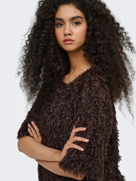 JDY Frayed 2/4 Sleeve Top in Brown