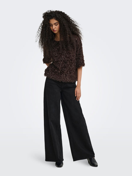 JDY Frayed 2/4 Sleeve Top in Brown