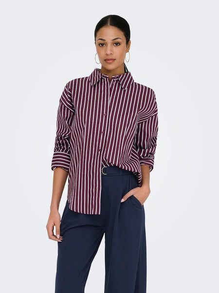 JDY Loose Fit Striped Shirt in Burgundy