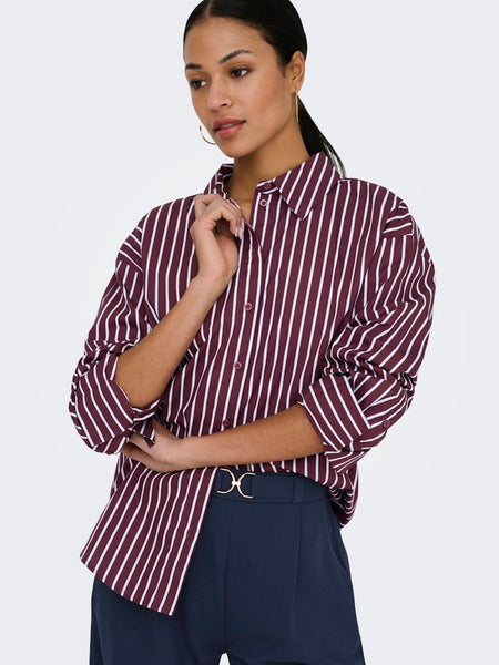 JDY Loose Fit Striped Shirt in Burgundy