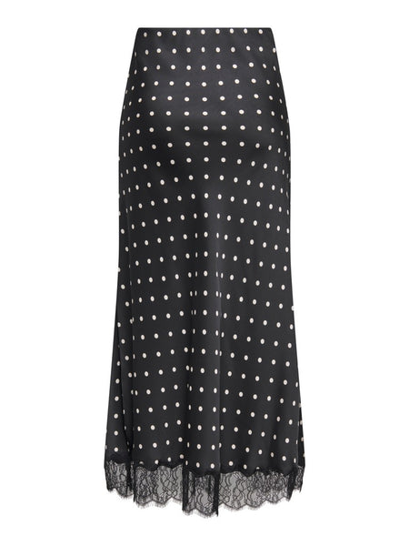 JDY Polka-Dot Satin Look Lace Trim Skirt in Black