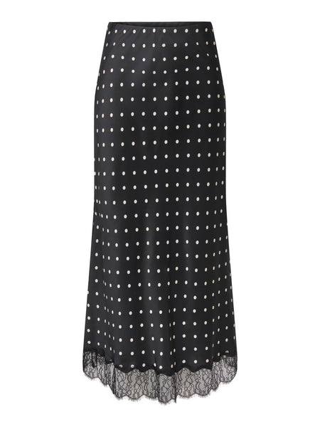 JDY Polka-Dot Satin Look Lace Trim Skirt in Black