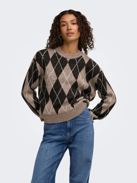 JDY Argyle Print Knit Jumper in Brown