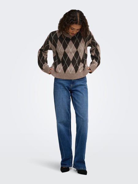 JDY Argyle Print Knit Jumper in Brown