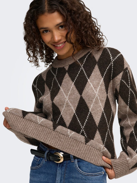 JDY Argyle Print Knit Jumper in Brown