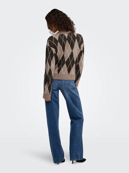 JDY Argyle Print Knit Jumper in Brown