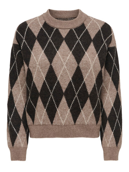 JDY Argyle Print Knit Jumper in Brown