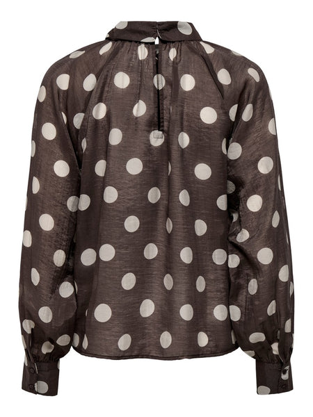 JDY Polka-Dot Tie Neck Top in Brown