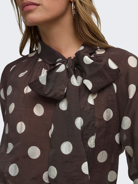 JDY Polka-Dot Tie Neck Top in Brown