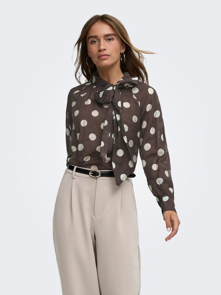 JDY Polka-Dot Tie Neck Top in Brown
