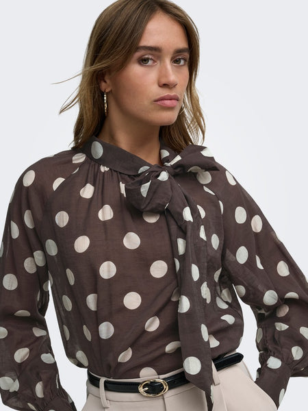 JDY Polka-Dot Tie Neck Top in Brown
