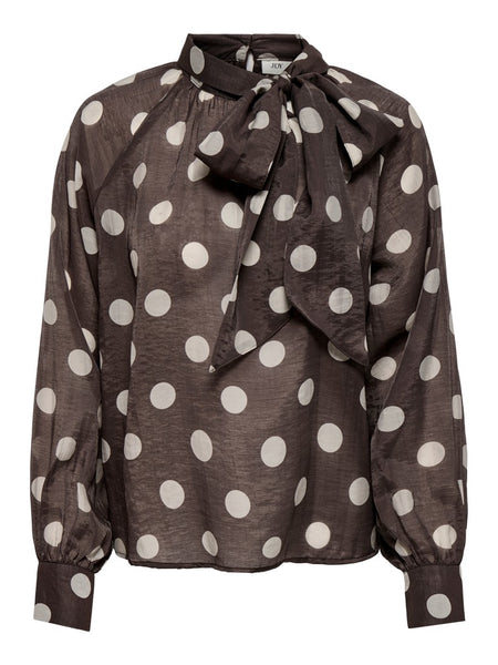 JDY Polka-Dot Tie Neck Top in Brown