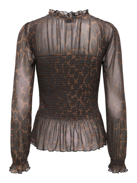 JDY Leopard Print Long Sleeve Smock Top in Brown