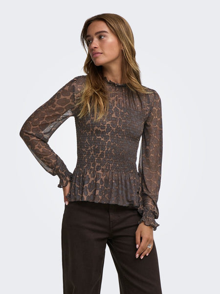 JDY Leopard Print Long Sleeve Smock Top in Brown