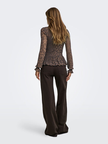 JDY Leopard Print Long Sleeve Smock Top in Brown