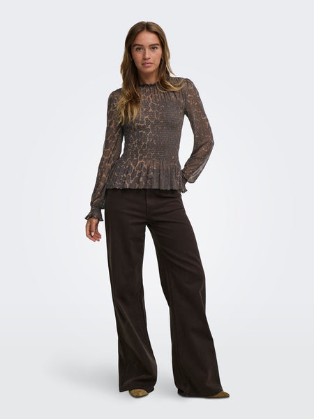 JDY Leopard Print Long Sleeve Smock Top in Brown