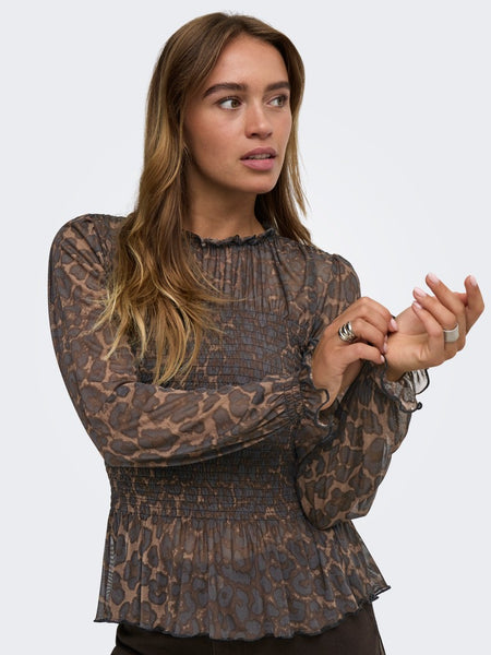 JDY Leopard Print Long Sleeve Smock Top in Brown