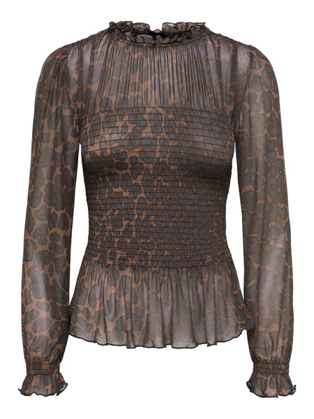 JDY Leopard Print Long Sleeve Smock Top in Brown