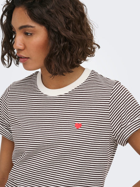 JDY Striped Embroidered Heart T-Shirt in Chocolate