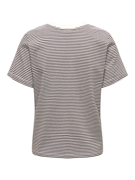 JDY Striped Embroidered Heart T-Shirt in Chocolate
