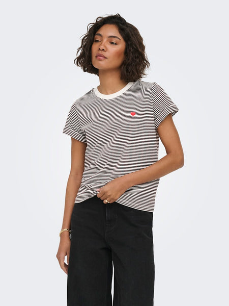 JDY Striped Embroidered Heart T-Shirt in Chocolate