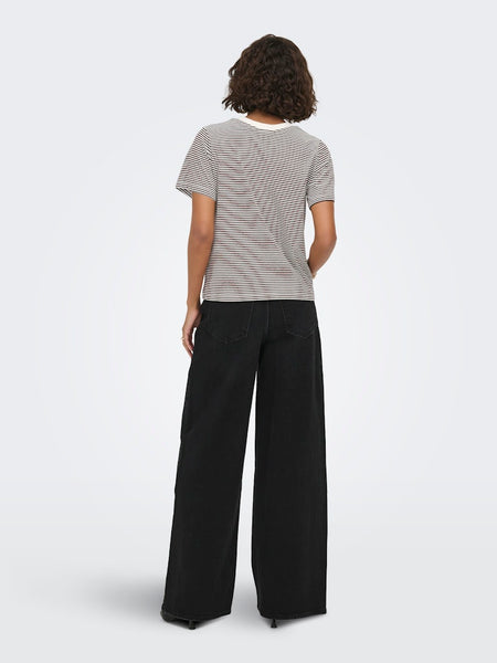 JDY Striped Embroidered Heart T-Shirt in Chocolate