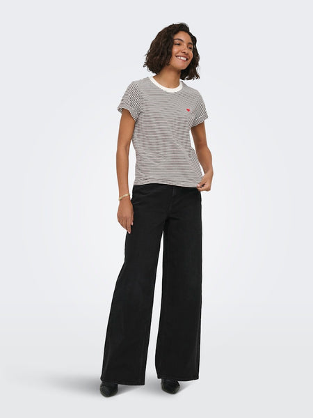JDY Striped Embroidered Heart T-Shirt in Chocolate
