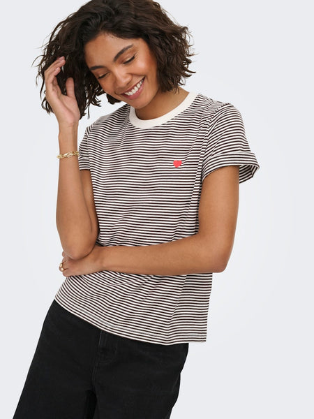 JDY Striped Embroidered Heart T-Shirt in Chocolate