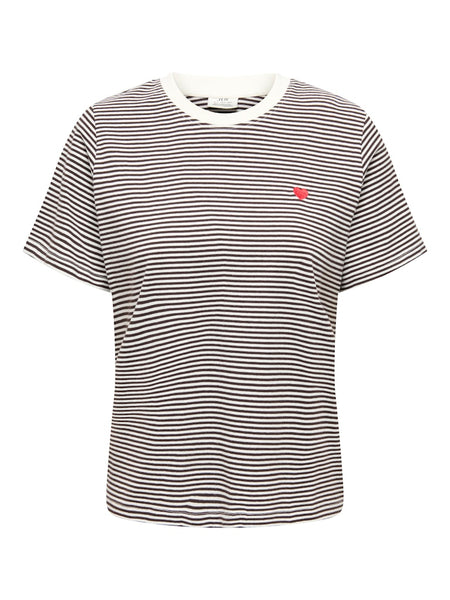 JDY Striped Embroidered Heart T-Shirt in Chocolate