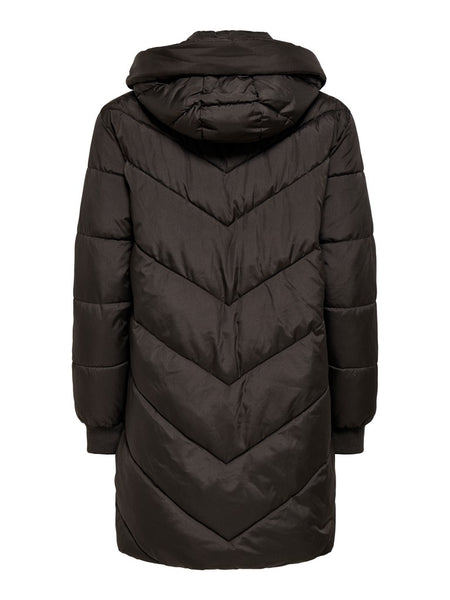 JDY Long Padded Jacket with Hood in Chocolate
