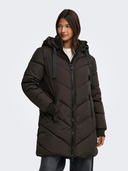 JDY Long Padded Jacket with Hood in Chocolate