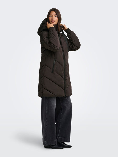 JDY Long Padded Jacket with Hood in Chocolate