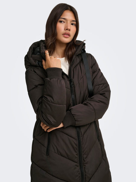 JDY Long Padded Jacket with Hood in Chocolate