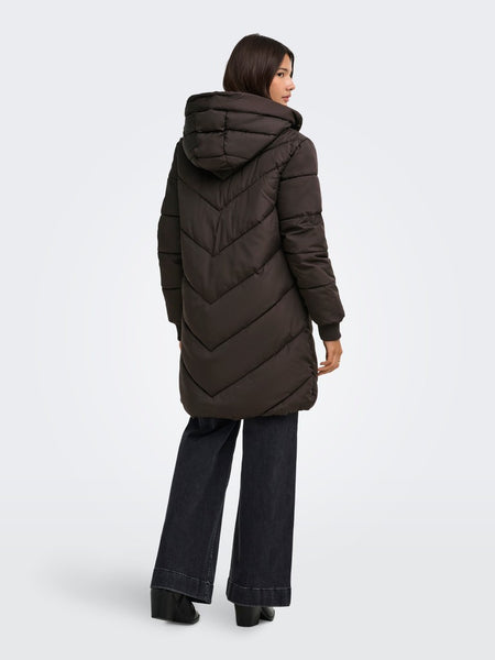JDY Long Padded Jacket with Hood in Chocolate