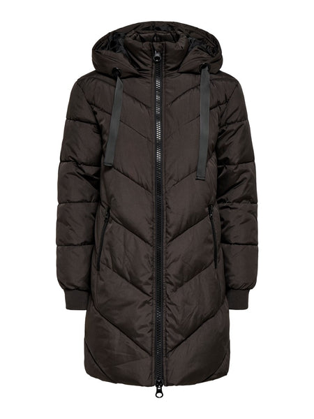 JDY Long Padded Jacket with Hood in Chocolate