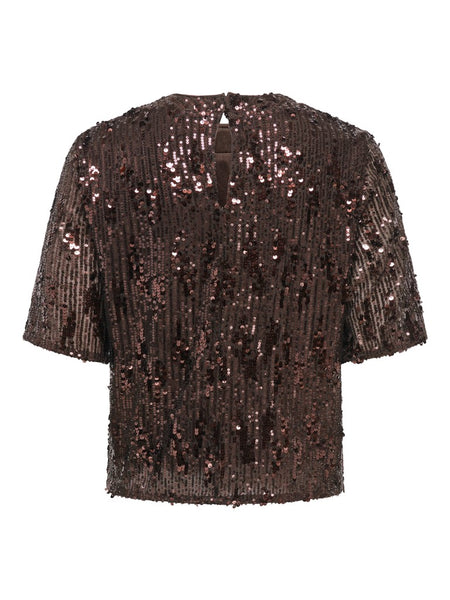 JDY Short Sleeve Sequin Top in Brown