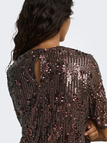JDY Short Sleeve Sequin Top in Brown
