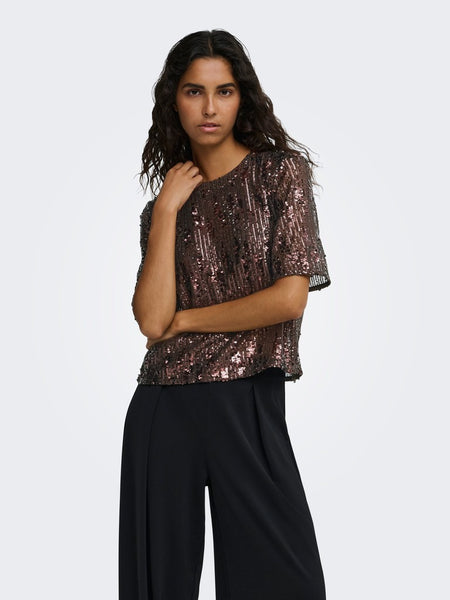 JDY Short Sleeve Sequin Top in Brown
