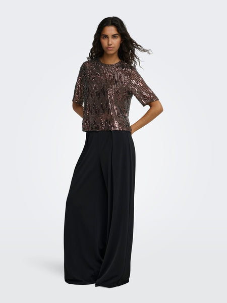 JDY Short Sleeve Sequin Top in Brown